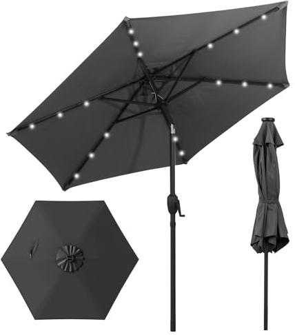 KOMFOTTEU Sonnenschirm 230 cm mit LED-Lichtern, Gartenschirm mit 6 Stangen & Metallkurbel, Marktschirm neigbar für Strand, Hof, Pool (Grau)