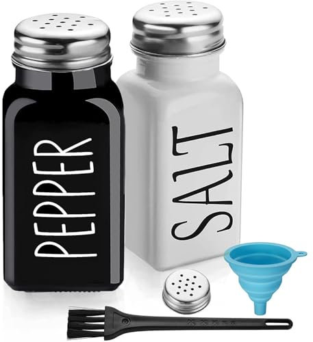 2 Pack Salt and Pepper Shakers Set, 80ml Salt Shakers with Stainless Steel Lid,Glass Shaker Sets with Funnel and Brush,Farmhouse Kitchen Decoration