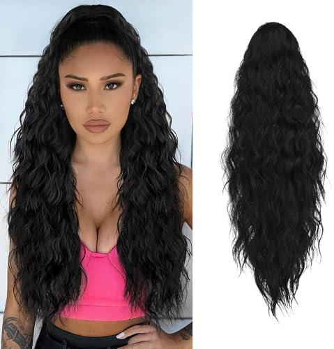 XFSRG 66cm Extension Cheveux Queue De Cheval Avec Défrisage Au Maïs Ponytail Bouclés Curly Hair Postiche Naturel Ponytail Cheveux Elegant Avec Pince Pour Fêtes Célébration(Noir)