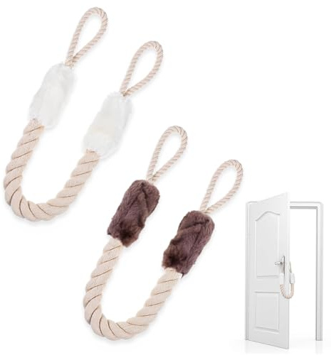2 Stück Baumwolle Türkordel Klemmschutz, Türstopper Klinke,Türen,Offen Halten, 60 cm Baumwolle Türstopper Seil für Haustier und Kinder Fingerschutz kein Zuknallen der Tür mehr(Weiß, braun)