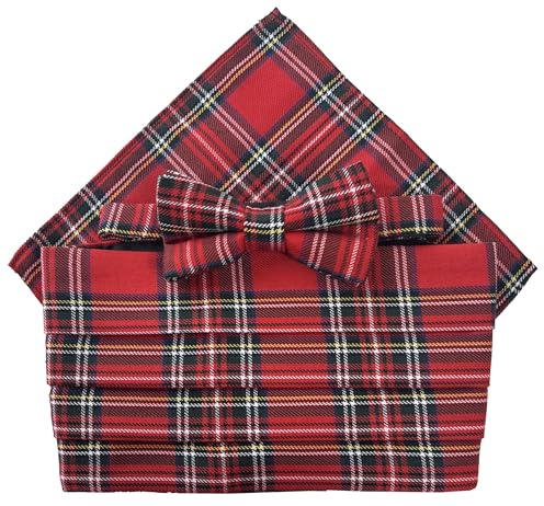 Great British Tie Club Royal Stewart Red Tartan Cummerbund Set with Bow Tie and Pocket Square
