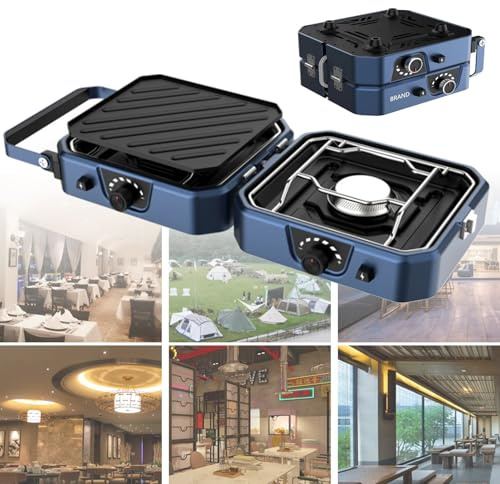 Réchaud de camping portable – Brûleur à gaz 16000 BTU avec 2 brûleurs réglables et allumage piézoélectrique, design pliable + plaque de cuisson