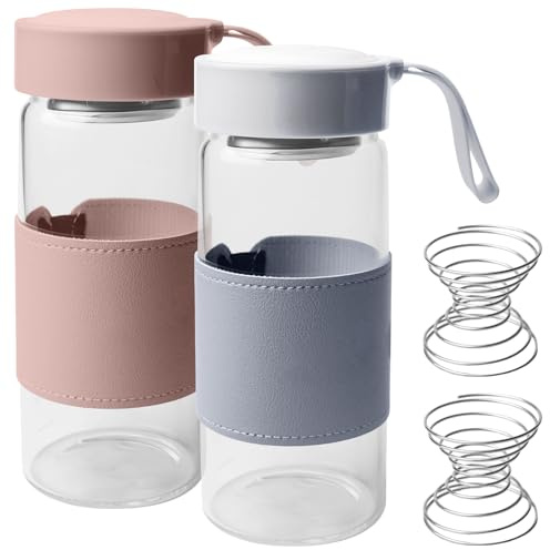 Leikurvo Pequeña botella de cristal agitadora, 2 unidades de 480 ml de vidrio de borosilicato, coctelera de proteínas, sin BPA, juego de bolas agitadoras con funda de silicona para fitness y bebidas