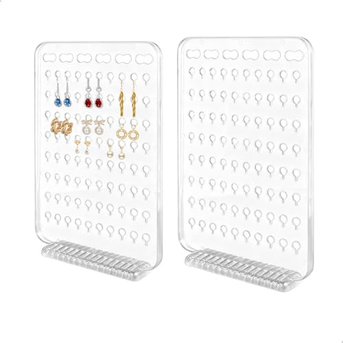 Ohrstecker Aufbewahrung, Ohrringhalter, Schmuckständer Ohrringe mit 80 Stifthaltern und 6 speziellen Kettenlöchern, Ohrringständer zur Aufbewahrung und Präsentation von Schmuck, Transparent, 2 Stück