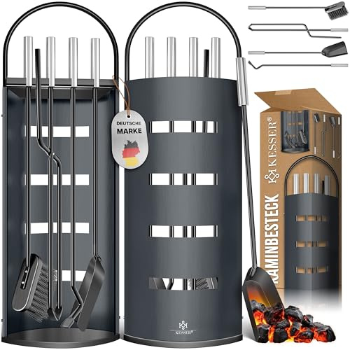 KESSER® Kaminzubehör 5-teiliges Kaminbesteck Set | Modern Design, beschichtet, Hochwertige Kamingarnitur aus 5 Teilen: Besen, Schaufel, Schürhaken, Zange, Ständer mit Sichtschutz Edelstahl Anthrazit