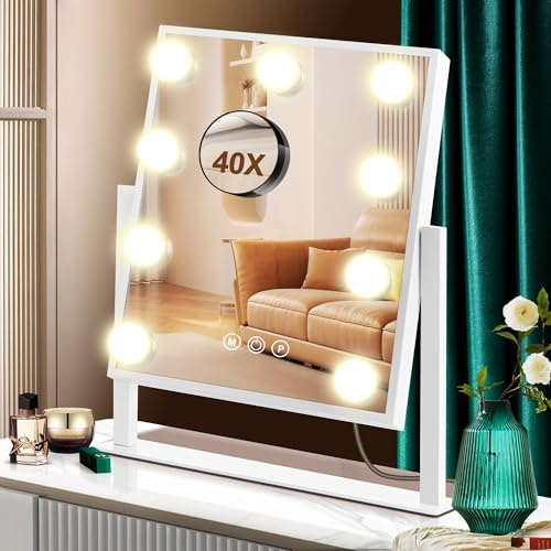 PEDOMIROR Schminkspiegel mit Beleuchtung, 30x36 cm Hollywood Spiegel mit 9 LED & 3 Lichtmodi, Vanity Tischspiegel mit 40-facher Vergrößerung für Schlafzimmer & Schminktisch