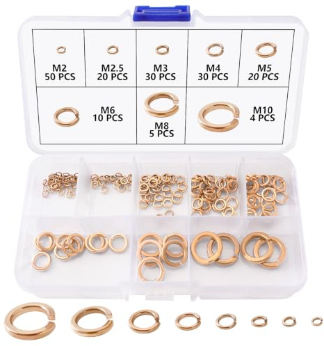 Lyeteung 169 Pièces M2 M2.5 M3 M4 M5 M6 M8 M10 Rondelles de Verrouillage à Rressort en Cuivre, Rondelles Fendues en Spirale, pour Serrage de Vis