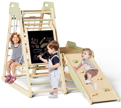 Triángulo de Escalada Infantil 12 en 1 Gimnasio Montessori Psicomotricidad Parque Interior para Niños Estable Conjunto de Juguetes de Madera con Tobogán, Muro, Red, Balancearse, Pizarra 1+ Años