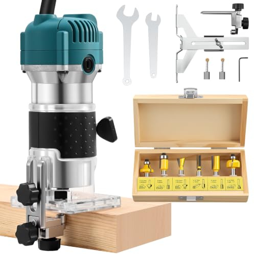 SINGTIP Fresatrice Verticale Legno 800W 30000tr/min, Rifilatore Legno Elettrica, Controllo Della Velocità, Alloggiamento in Alluminio, con 6 pezzi 1/4 Router Set