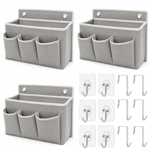 ZYNERY 3 Stück Hängeorganizer Grau mit 3 Taschen, Hängeorganizer Camping, 6 Selbstklebehaken + 6 Normalhaken, Wandorganizer, Betttasche für Schlafzimmer, Büro, Wohnmobil
