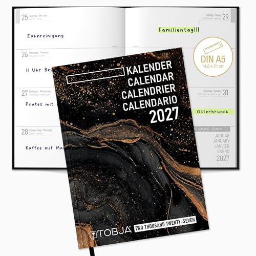 TOBJA® PlanWise Marbel 2027 Buchkalender A5 Flex-Hardcover - 1 Woche 2 Seiten linierte Tagesfelder | Wochenplaner mit Griffregister, Lesezeichen & Schulferien DE/AT | FSC