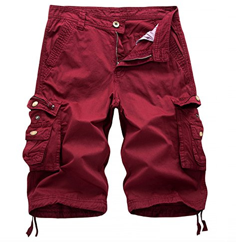 WSLCN Homme Shorts en Coton Rétro Baggy Cargo Camo Shorts Bermuda Outdoor Casual Combat Shorts Pantacourt(Rouge 36)