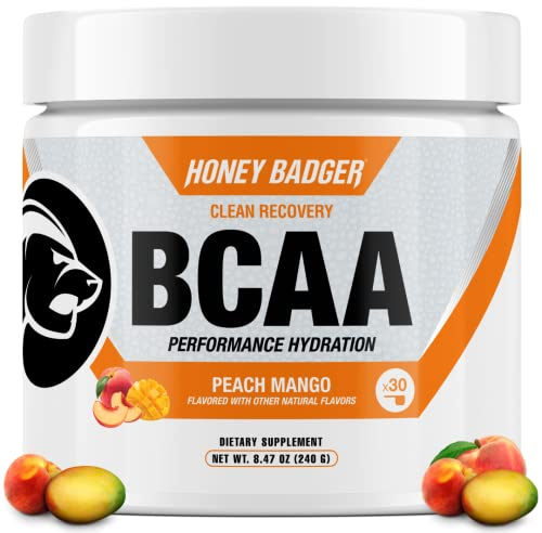Honey Badger BCAA + EAA Amino Acids Powder, BCAAs + L-Glutamine, Keto, Vegan, Sugar Free for Men & Women, Hydration & Post Workout Muscle Recovery Drink Mix, Peach Mango, 30 Servings