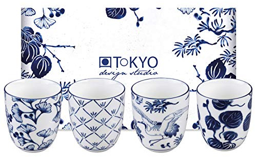 TOKYO design studio Flora Japonica 4-er Tassen-Set blau-weiß, ohne Henkel (Becher), Ø 6,7 cm, 7,7 cm hoch, 170 ml, asiatisches Porzellan, Japanisches Blumen-Design, inkl. Geschenk-Verpackung