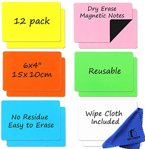 Etiquetas Magnéticas Borrables - Pack de 12 Tarjetas para Notas - Imanes para Nevera y Pizarra Blanca de 15x10 cm - Tiras Magnéticas para Escribir y Borrar en Casa, Oficina y Aula