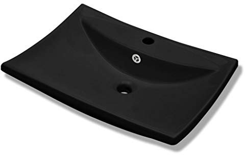 yorten Waschbecken Keramikspülen Waschplatz Waschschale Rechteckig mit Überlauf und Hahnloch Schwarz 600 x 440 x 170 mm