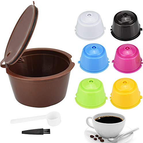 SNAGAROG 7 Stück Wiederverwendbare Nachfüllbare Kaffeekapseln Ersatz Kaffee Kapseln, mit Löffel und Bürste, Dolce Gusto Filterkaffeekapsel für Küche, Büro, Outdoor (7 Farben)
