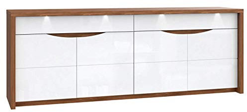 FORTE Saint Tropez Kommode mit 4 Türen und 2 Schubladen, Holzwerkstoff, Sangallo Eiche / Weiß Glanz, 52,6 x 224,4 x 83,6 cm