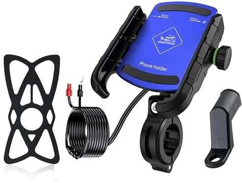 GRAND PITSTOP Motorcycle Phone Holder USB Charger Handlebar/Rear-View Mirror Cellphone Mount Aluminum with 17mm Ball Works with 12/24V Motorcycles Quick Charge for 4.0-6.8 Inch Smartphones (Blue)
