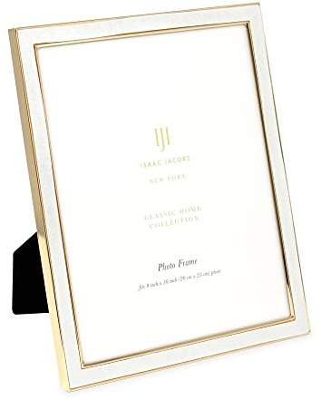 Isaac Jacobs 8x10 White Leather with Gold Metal (Vertical & Horizontal) Picture Frame, Suede Border w/Black Fabric Easel, Wall-Mountable, Made For Tabletop, Photo Gallery (8x10, White W/Gold)
