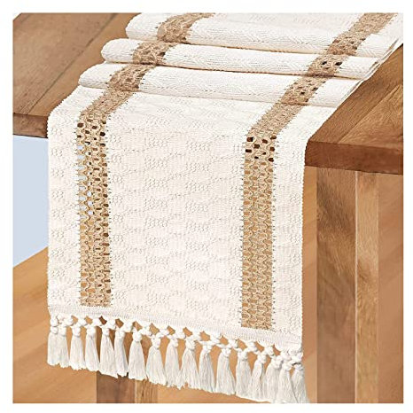 Lieson Tischläufer Beige Boho, Baumwolle Leinen Tischläufer Makramee Hochzeit Tischdeko Tischband für Geburtstage Kommunion Esszimmer Party Urlaub Dekoration Abwaschbar, 30x240CM