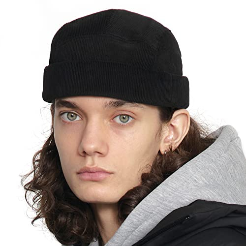 UNDERCONTROL Corduroy Brimless Trawler Leon Harbour Rolled Cuff Miki Watch Cap Unisex Sailor Skull Outdoor Hat Fisherman Tactical Adjustable Buckle No Visor Docker Beanie Korea (Black)
