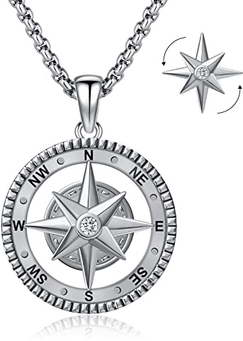 Eusense 925 Sterling Silber Kompass Halskette Kompass Anhänger Kette Geschenke Zum Vatertag Abschluss Geschenk Schmuck für Herren Damen