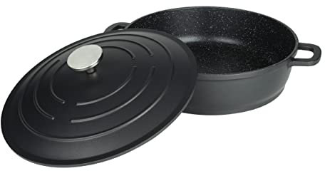 Commichef XR-L28BK 28cm Cast Aluminium Shallow Casserole Dish, Suitable for Oven and All Types of Hob, Perfect for Stews and Casseroles, Black