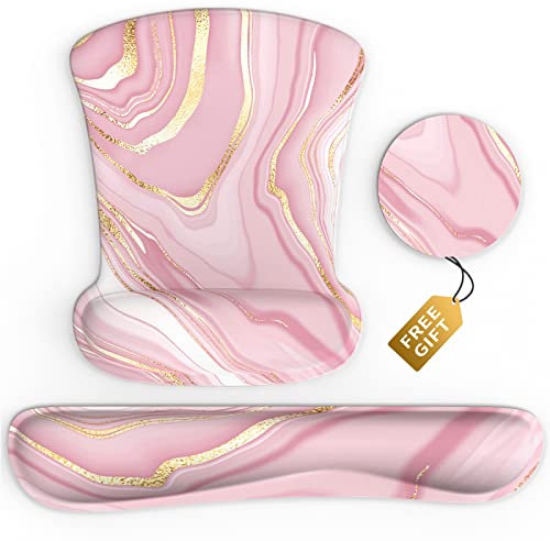 Repose-poignet pour clavier et souris - Tapis de souris ergonomique en mousse à mémoire de forme avec dessous de verre antidérapant - Repose-poignet d'ordinateur - Pour bureau, jeu, marbre rose doré