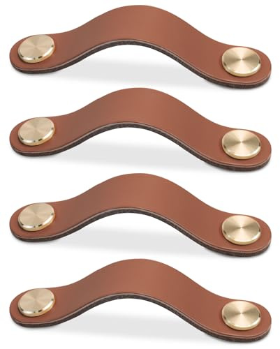 LEREATI 4 Stück Ledergriffe für Möbel, Schrankgriffe Helle Kaffee Möbelgriffe Schubladengriff, Modernen Möbelknöpfe Schrank Kunstledergriff für Küchenschränke, Schränke, Tür, Wohnkultur (128mm)