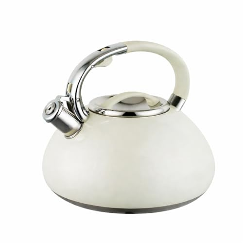 Luckyberg Moderne Wasserkessel Induktion Pfeifkessel aus Edelstahl, Teekessel für alle Kochplatten, Flötenkessel, Wasserkocher für Tee Kaffee, ca 3L, (creme)