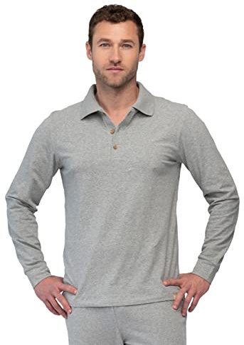greenjama Herren Schlafshirt Langarm mit Polokragen aus Bio Baumwolle, GOTS Zertifiziert