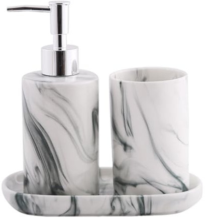 Tauzveok Badezimmer Set, 3-Teilig Seifenspender Set, Mit Seifenspender, Zahnputzbecher Und Seifenschale, Geeignet Für Bad,Waschbecken,Flüssig, Badaccessoires, Modern,Grau