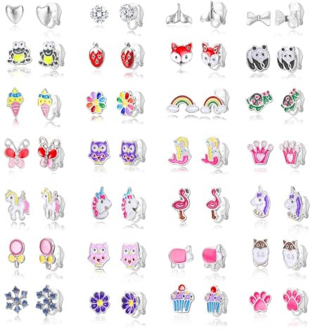 CASSIECA 28 Paare Clip On Ohrring Ohrclips für Mädchen Kinder - Keine Durchbohrten Prinzessin Ohrringe - Geschenk Spielen Blume Herz Ohrringe Verkleiden sich Schmuck