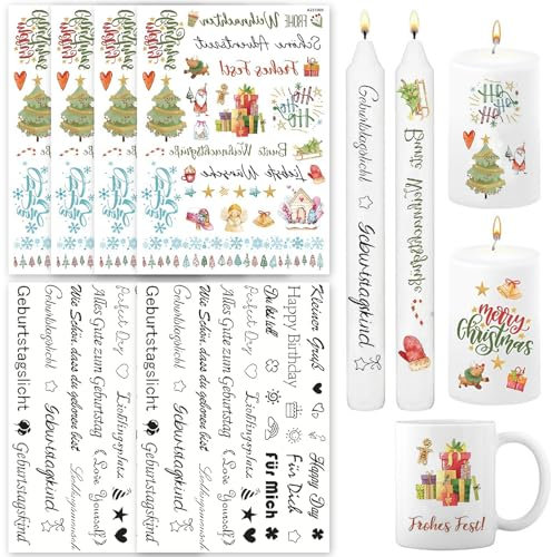 DKDDSSS 6 Kerzen Tattoo Weihnachten, Weihnachten Tattoofolie, Kerzentattoo, Kerzenfolie, Happy New Year Auf Wasserschiebefolie DIY Kerzen mit Spruch Deko Stabkerzen Tischdeko