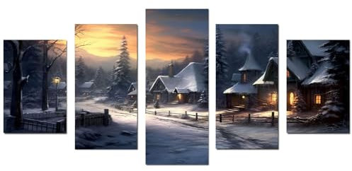 JOSUE Set 5 Teilig Natur Winterlandschaft Art Leinwand Wandbild, Sonnenuntergang wärmt den Winter Schwarz, Gold Bilder Home Wanddekorationen FüR Schlafzimmer Wohnzimmer -50x100cm Ungerahmt