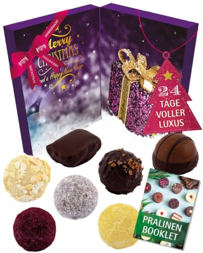 Hallingers Genuss Manufaktur Vegane Pralinen Adventskalender - mit & ohne Alkohol, handmade aus Confiserie-Edelkakao in wertigem Softfeel-Karton Frohe Weihnachten, Weihnachtskalender für Frauen