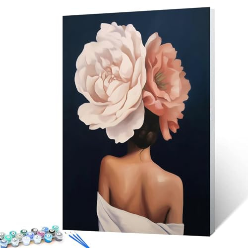 Walarky Fashion Lady Ölgemälde-Set zum Selbermachen, Malen nach Zahlen für Erwachsene, bunte Blumen, Frauen, Malen nach Zahlen auf Leinwand, Acryl, digitale Ölnummern, Malset für Heimdekoration