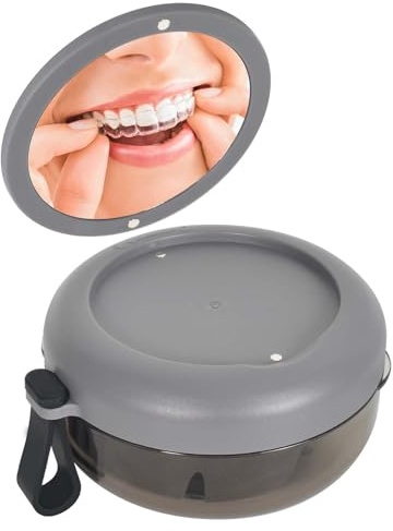 Boîte à Prothèse Dentaire, Etui pour Appareil Dentaire, Boite de Nettoyage Portable pour Prothèses, Boîte de Dentier avec Passoire Gris, Conteneur de Prothèse