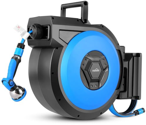 Himimi Avvolgitubo da Giardino 30m + 2m, Avvolgitubo Acqua da Parete con Tubo 30m, Riavvolgimento Automatico, Orientabile 180°, Pistola Spruzzo 10-in-1 per Irrigazione Giardino