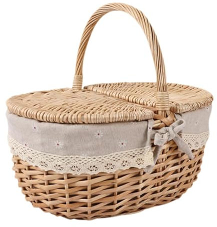 Dualoai Picknickkorb aus Weide, Aufbewahrungskorb aus Weide, Aufbewahrungskorb aus Rattan, Servierkorb für Camping, beige grau, Mittel