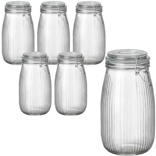 gouveo Set di 6 barattoli da 1500 ml scanalati con chiusura a leva, in vetro con chiusura a ferretto, per cucina e casa (BG1500R)