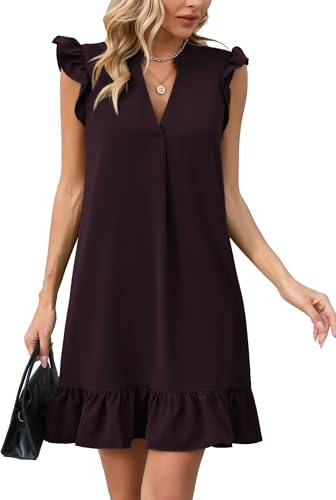 Famulily Robe d'été pour femme - Couleur unie - Col en V - Volants - Manches courtes - Tailles S à XXL, violet foncé, M
