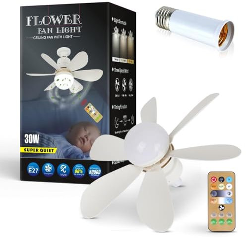 Petit ventilateur de plafond blanc avec lumière et télécommande, ventilateur de plafond LED 40 W à intensité variable, ventilateur de plafond avec 6 pales, moteur CC silencieux, 3 vitesses pour