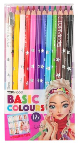 Depesche 12216 TOPModel - Basic Buntstifte Set 12 Farben im Etui, mit Anspitzer und Büchlein mit Malschule, zum Ausmalen in der Schule und Freizeit