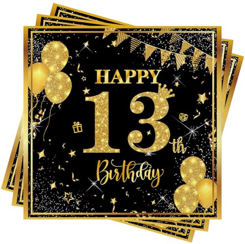 Wentsent 13. Geburtstag Servietten Schwarz Gold - 40 Stück Tischdeko für Junge und Mädchen - Papierservietten zum 13. Anniversary