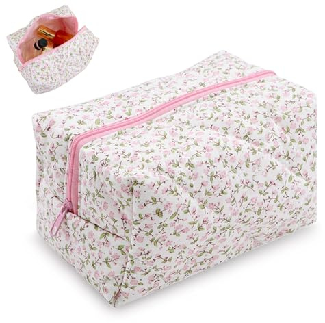 Gesteppte Kosmetiktasche mit Blumenmuster, Reise Kosmetiktasche Gesteppte Kulturtasche Damen Groß Kapazität Kulturtasche mit Reißverschluss für Beauty Utensilien Rosa