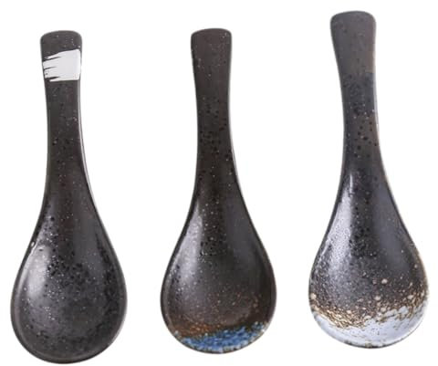 Alipis 3pcs Japanese Style Ceramic Soup Spoons Rice Spoons Comfortable Handle Non-Slip Base for Soup Random Color