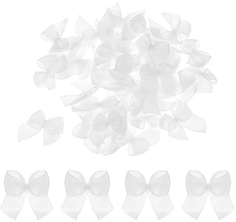 QUARKZMAN 50pz Mini Fiocco di Nastro 1 Mini Fiocchi di Fiori in Nastro di Raso in Tessuto per Artigianato Fai da Te Cucito Matrimonio Compleanno Festa Confezione Regalo Fiocchi Bianco Legno
