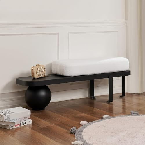 homary 47.2 Modern Entryway Bench, Black Wooden Boucle Upholstered Bench with Abstract Metal Legs, Lambswool Cushioned Seating for Entryway, Bedroom or Living Room